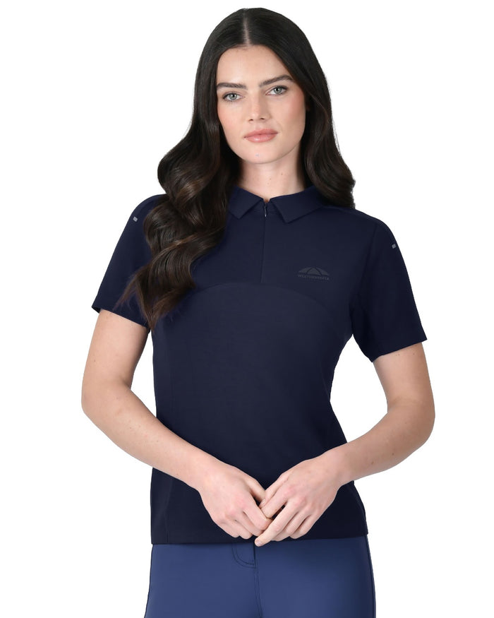 Navy coloured WeatherBeeta Womens 37.5 Short Sleeve Performance Polo T-Shirt on white background #colour_navy