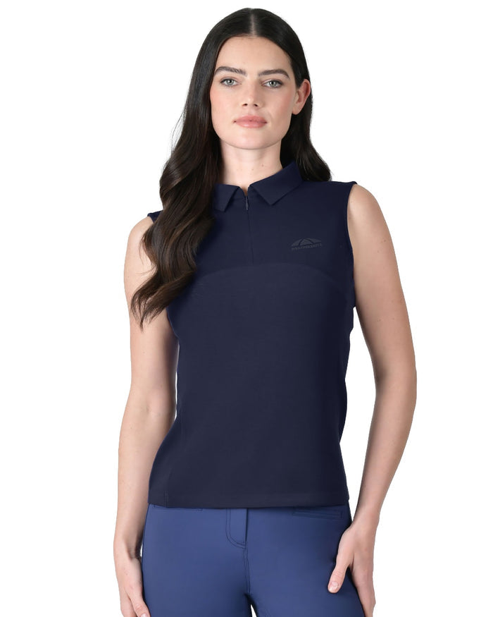 Navy coloured WeatherBeeta Womens 37.5 Sleeveless Performance Polo T-Shirt on white background #colour_navy