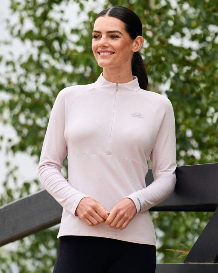 Lavender Mist coloured WeatherBeeta Womens Bamboo Long Sleeve Performance Base Layer on outdoor background #colour_lavender-mist