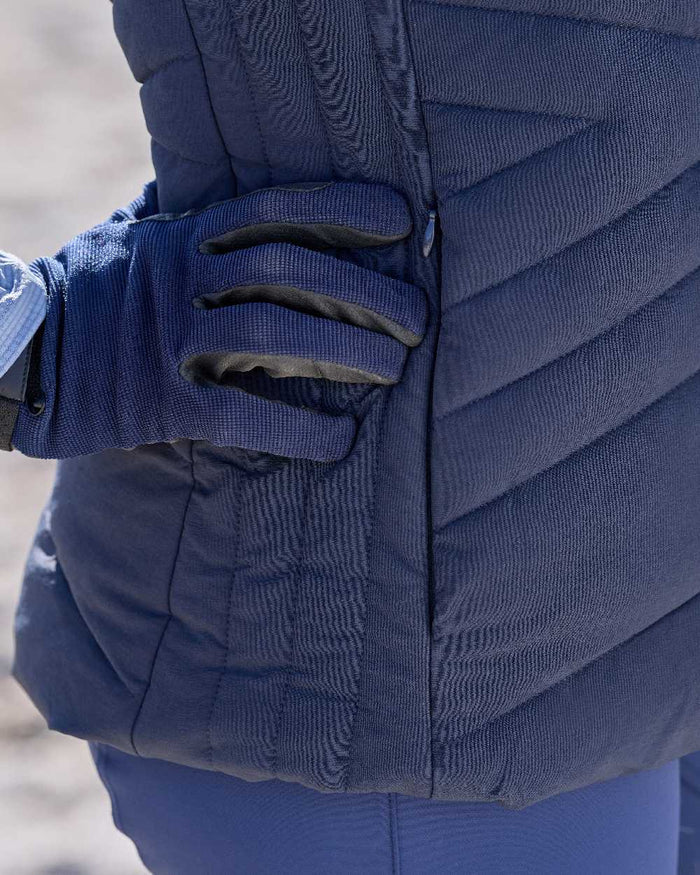 Navy Coloured WeatherBeeta Womens Insulated Vest on outdoor background #colour_navy