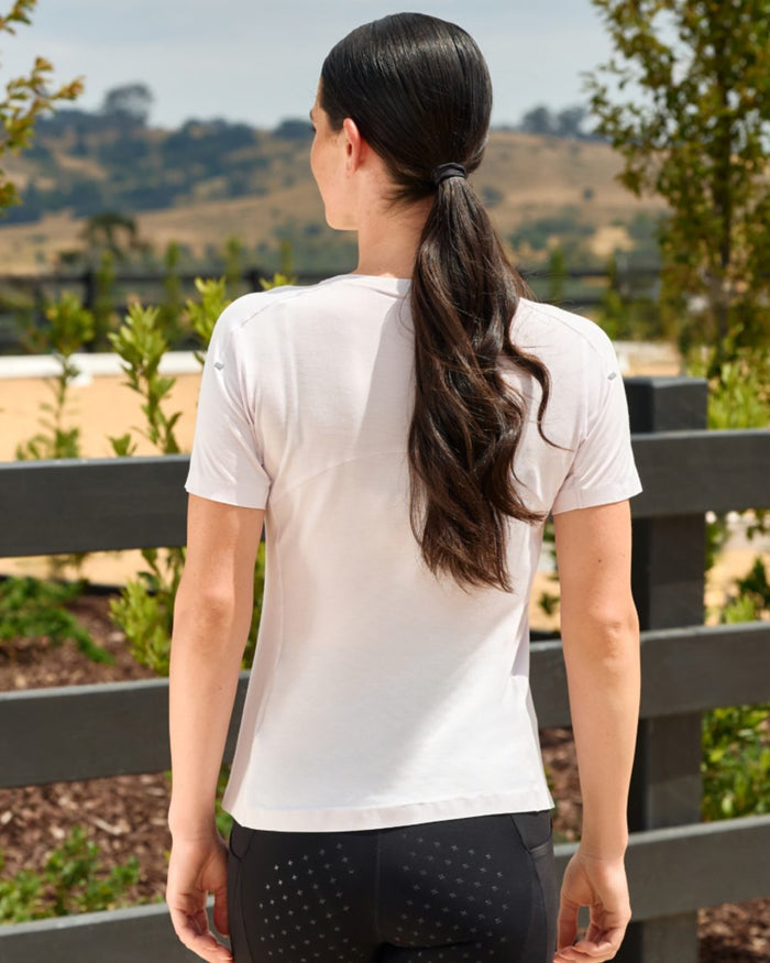 Lavender Mist coloured WeatherBeeta Womens 37.5 Lightweight Performance Short Sleeve Top on outdoor background #colour_lavender-mist