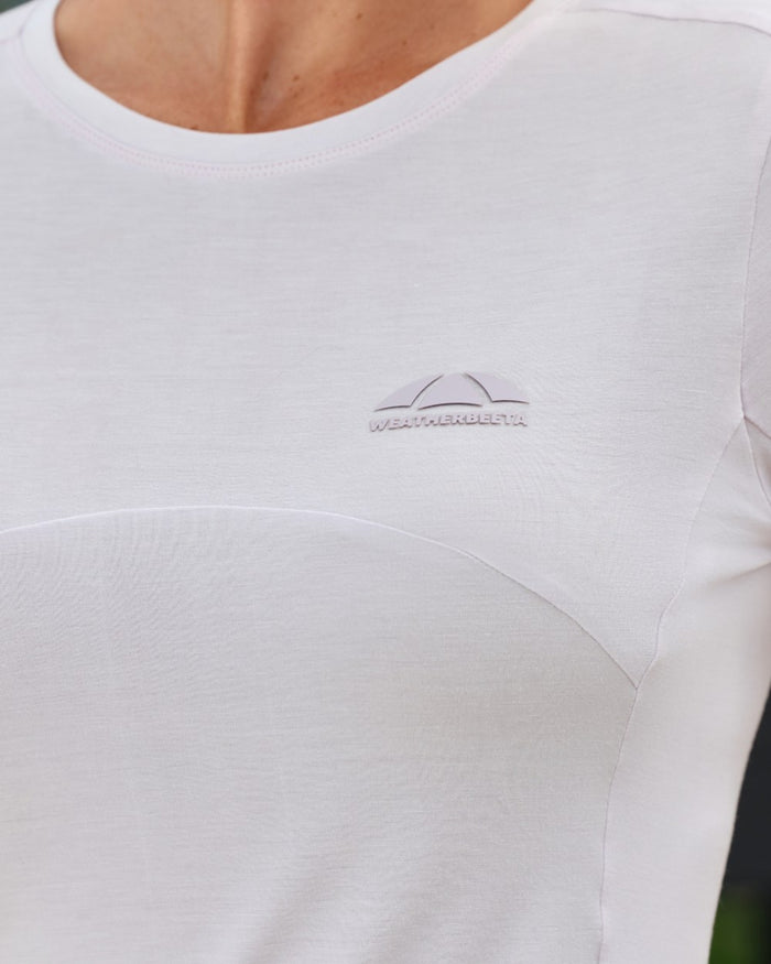 Lavender Mist coloured WeatherBeeta Womens 37.5 Lightweight Performance Short Sleeve Top on outdoor background #colour_lavender-mist