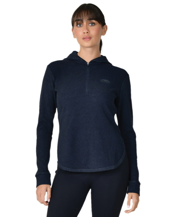 Dark Navy Marle Coloured WeatherBeeta Womens London Layer Long Sleeve Top With Hood on white background #colour_dark-navy-marle