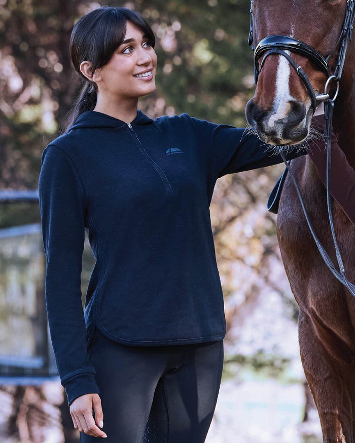 Dark Navy Marle Coloured WeatherBeeta Womens London Layer Long Sleeve Top With Hood on outdoor background #colour_dark-navy-marle