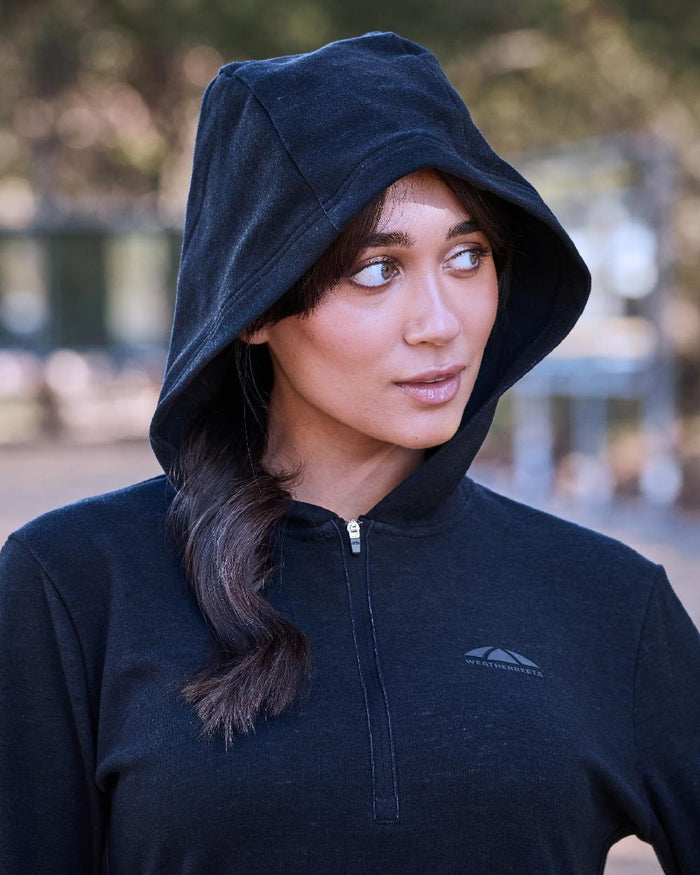 Dark Navy Marle Coloured WeatherBeeta Womens London Layer Long Sleeve Top With Hood on outdoor background #colour_dark-navy-marle