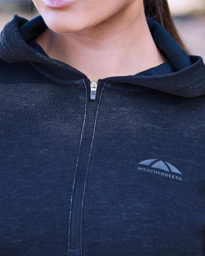 Dark Navy Marle Coloured WeatherBeeta Womens London Layer Long Sleeve Top With Hood on outdoor background #colour_dark-navy-marle