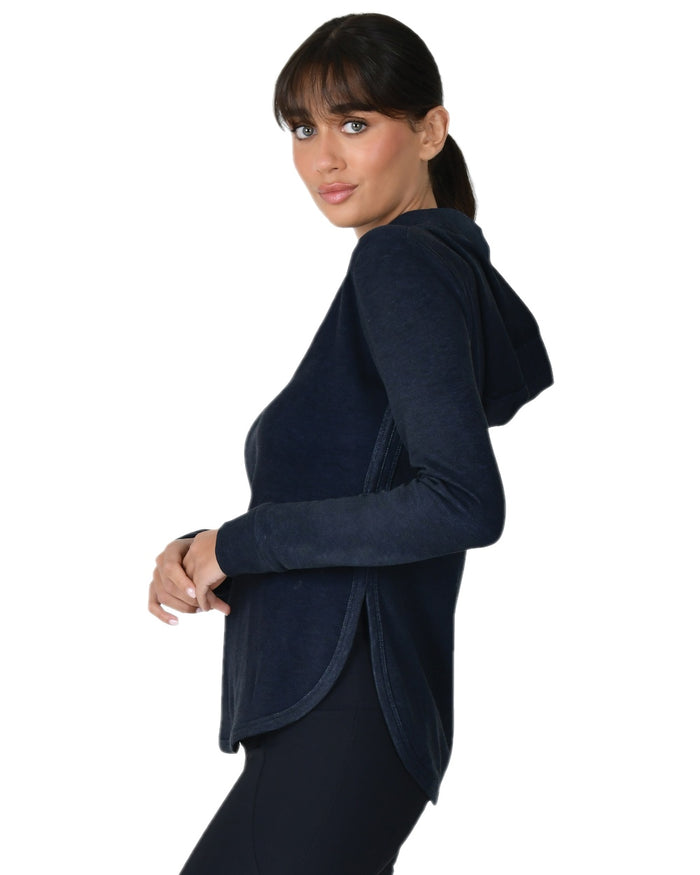 Dark Navy Marle Coloured WeatherBeeta Womens London Layer Long Sleeve Top With Hood on white background #colour_dark-navy-marle