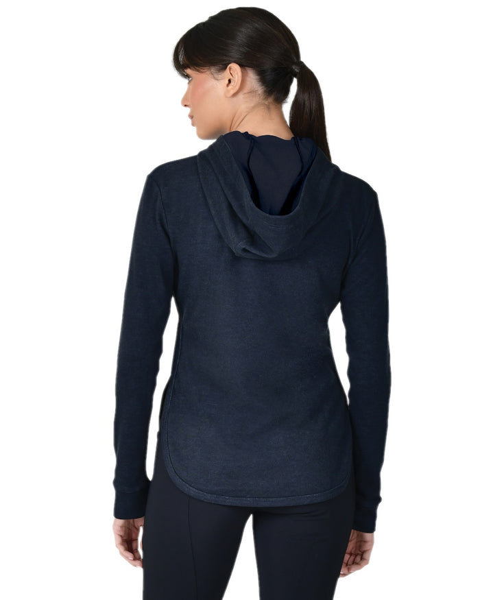 Dark Navy Marle Coloured WeatherBeeta Womens London Layer Long Sleeve Top With Hood on white background #colour_dark-navy-marle