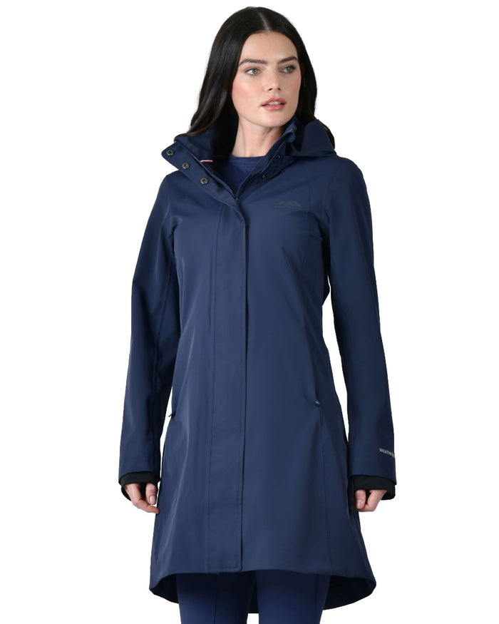 Navy coloured WeatherBeeta Womens Protect Waterproof Longline Riding Jacket on white background #colour_navy