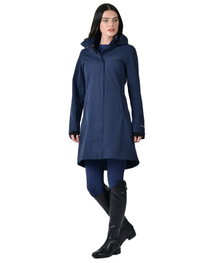 Navy coloured WeatherBeeta Womens Protect Waterproof Longline Riding Jacket on white background #colour_navy