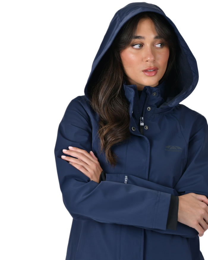 Navy coloured WeatherBeeta Womens Protect Waterproof Riding Jacket on white background #colour_navy