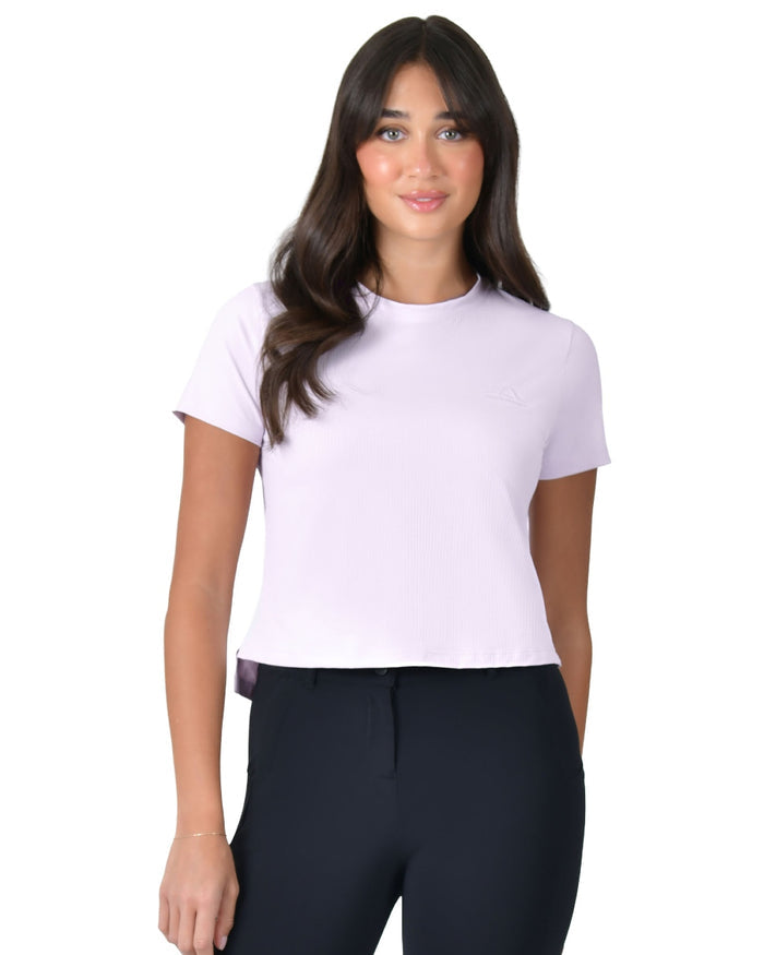Lavender Mist coloured WeatherBeeta Womens Relaxed Cropped Copper UV Short Sleeve Tee on white background #colour_lavender-mist