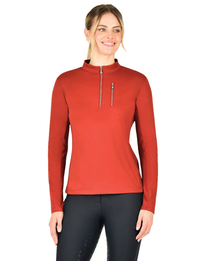 Red Ochre coloured WeatherBeeta Womens Reno Long Sleeve Riding Top on white background #colour_red-ochre