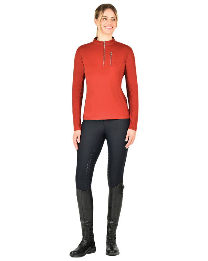 Red Ochre coloured WeatherBeeta Womens Reno Long Sleeve Riding Top on white background #colour_red-ochre