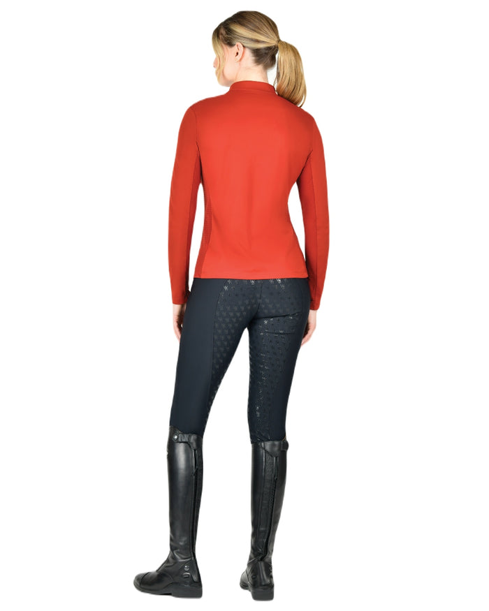 Red Ochre coloured WeatherBeeta Womens Reno Long Sleeve Riding Top on white background #colour_red-ochre