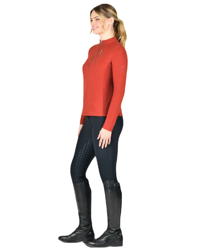 Red Ochre coloured WeatherBeeta Womens Reno Long Sleeve Riding Top on white background #colour_red-ochre