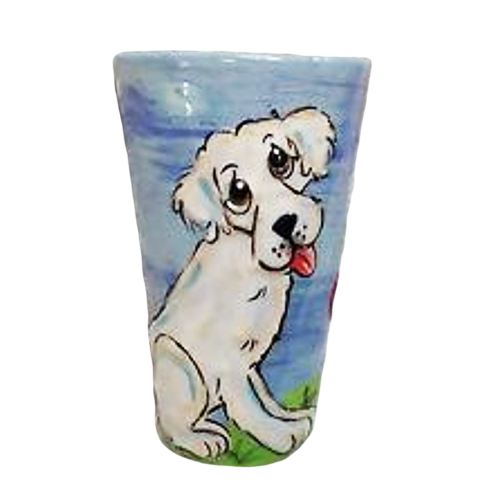 IMAGE OF WHITE LABRADOR RETRIEVER PAINTED ON TALL LATTE MUG BY Debby Carman