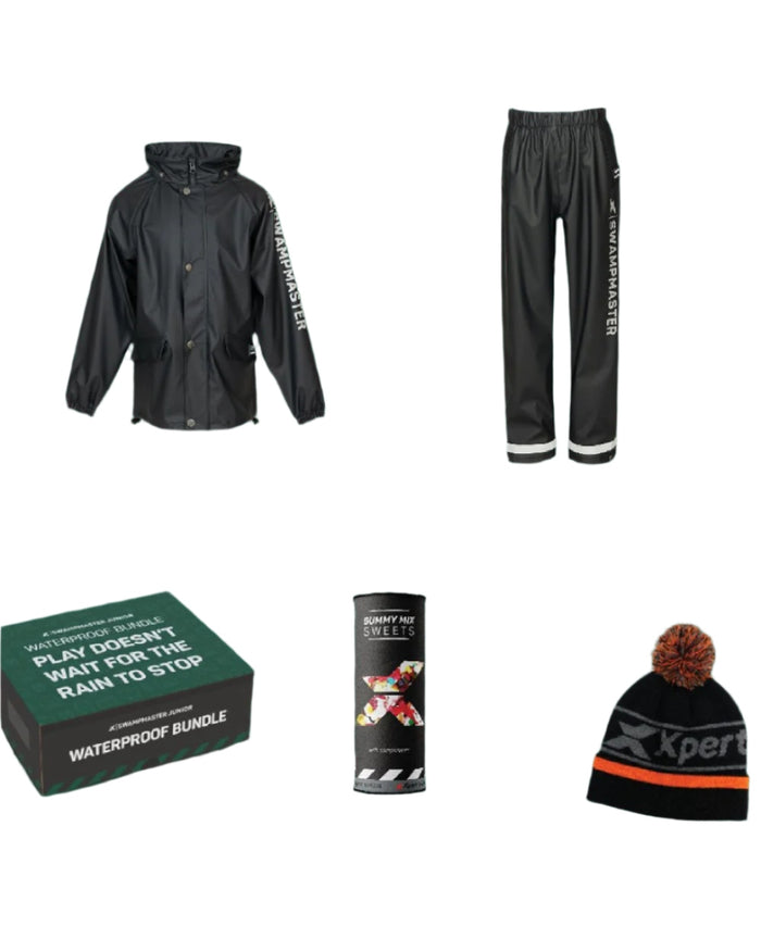 Black Coloured Xpert Kids Swampmaster Stormgear Junior Gift Bundle GGS 2024 on Green Background
#colour_black
