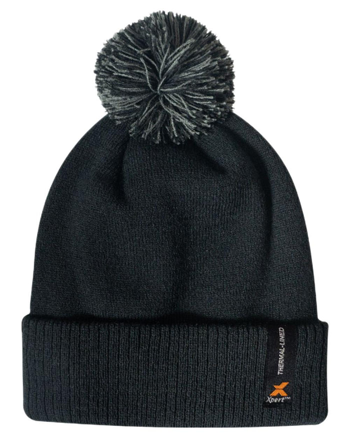 Black Coloured Xpert Core Thermal Lined Pom Pom beanies on White Background
#colour_black