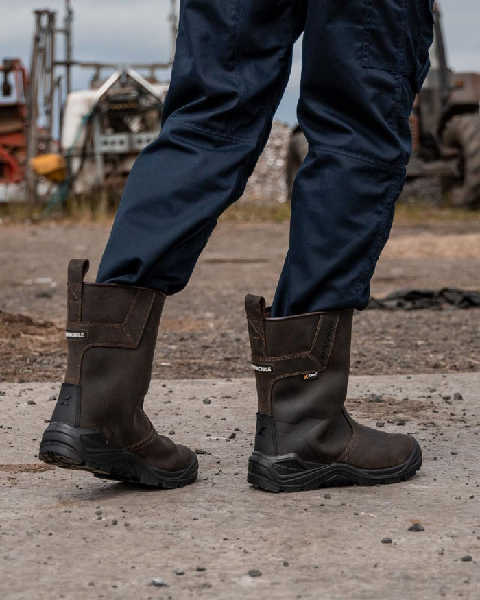 Brown Coloured Xpert Mens Invincible S3 Safety Waterproof Rigger Boots on Outdoor Background
#colour_brown
