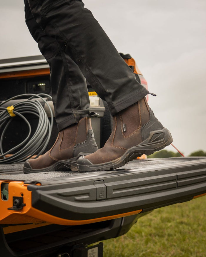 Brown Coloured Xpert Mens Pro Hutton S3L Safety Dealer Boots on Outdoor Background
#colour_brown