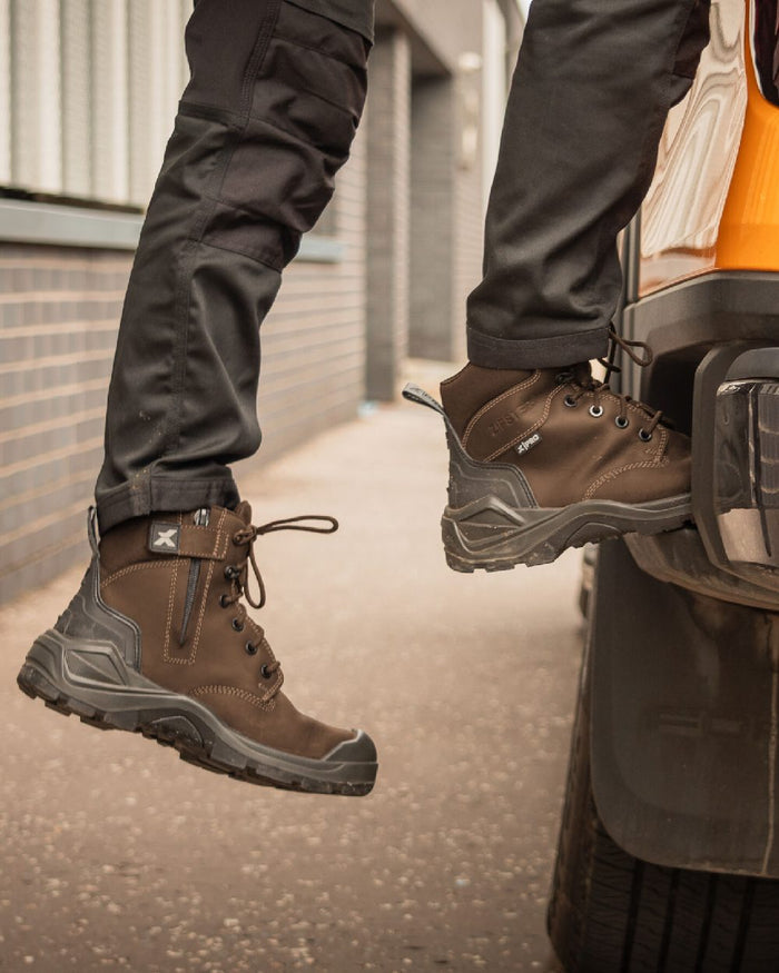 Brown Coloured Xpert Mens Pro Zipster Safety Zip-Side Boots on Outdoor Background
#colour_brown