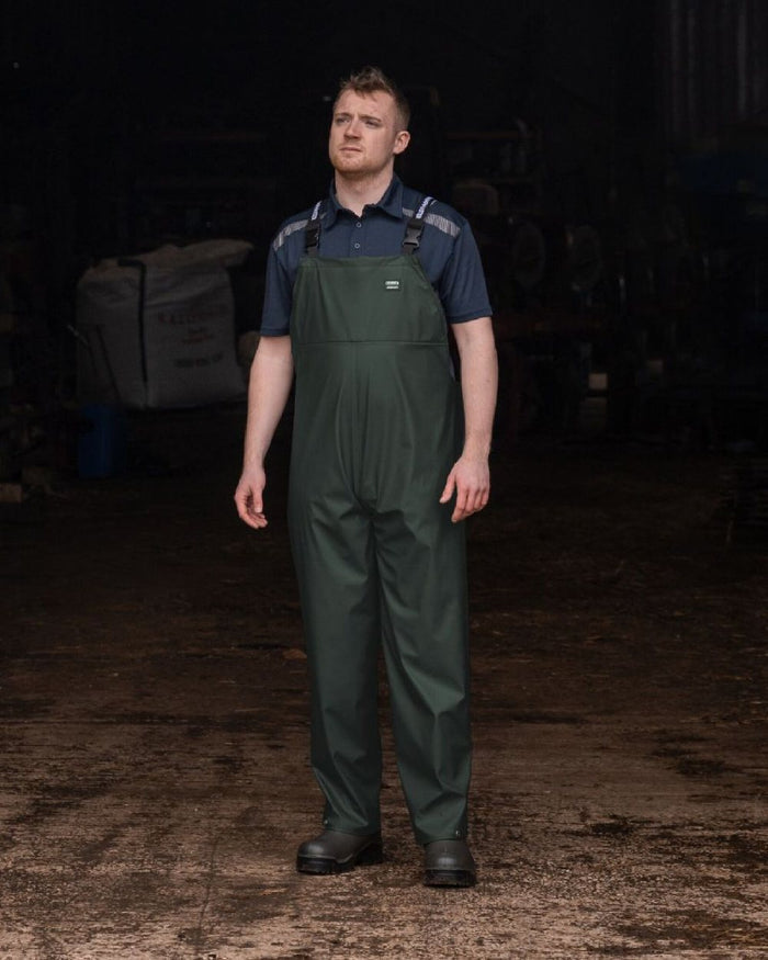Green Coloured Xpert Mens Swampmaster No-Sweat Stormgear Waterproof Bib & Brace on Indoor Background
#colour_green
