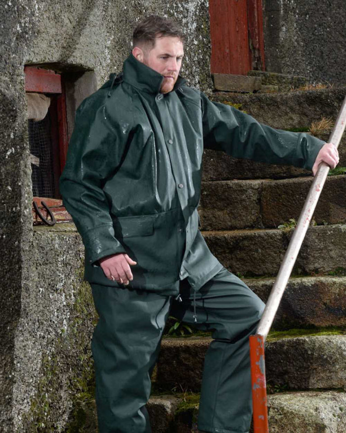 Green Coloured Xpert Mens Swampmaster No-Sweat Stormgear Waterproof Jacket on Outdoor Background
#colour_green
