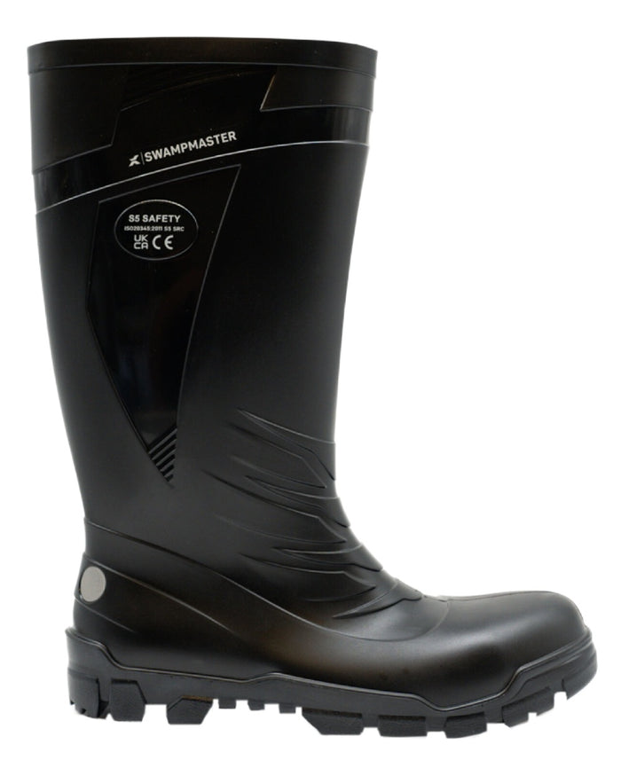 Black Coloured Xpert Mens Swampmaster Titan S5 Safety PVC Wellingtons on White Background
#colour_black