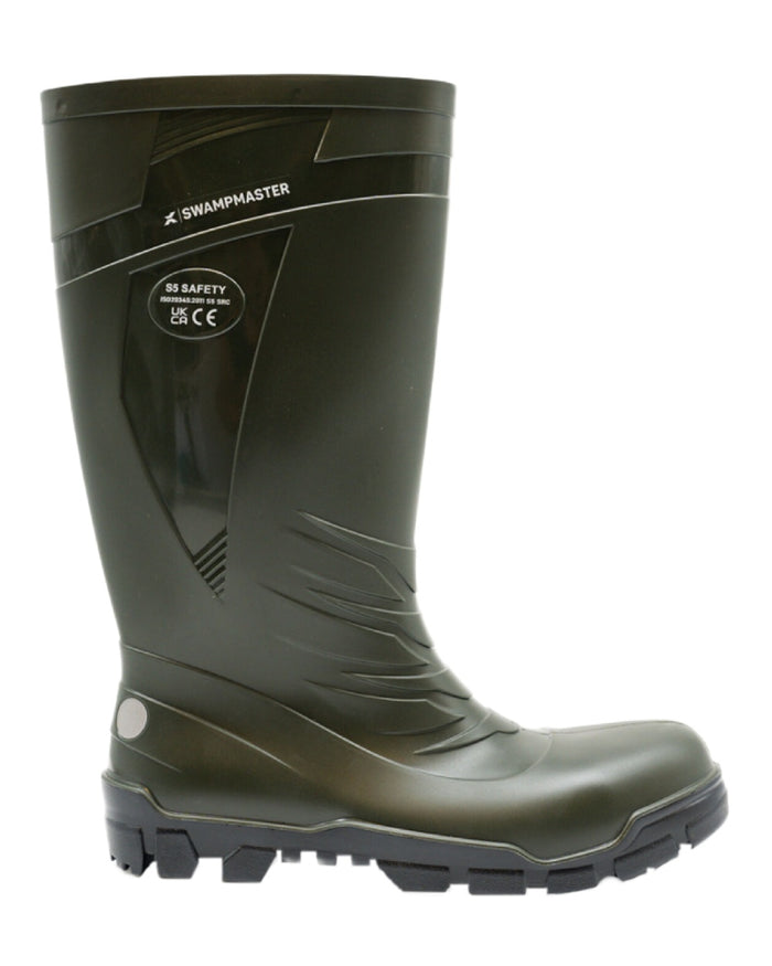 Green Coloured Xpert Mens Swampmaster Titan S5 Safety PVC Wellingtons on White Background
#colour_green