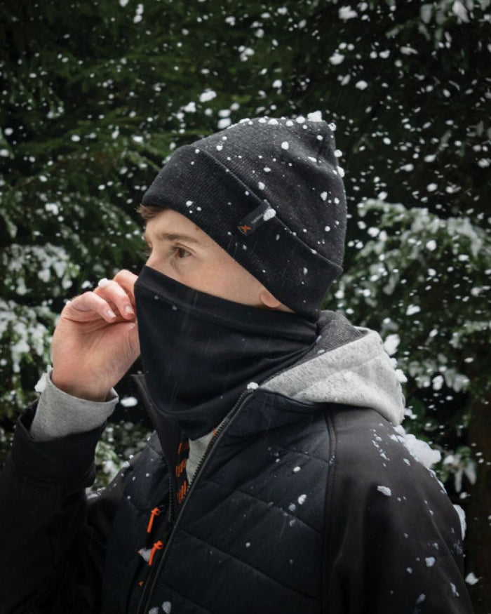 Black Coloured Xpert Winter Essentials Set Socks, Hat & Snood on Snow Background
#colour_black
