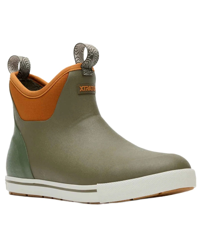 Olive Coloured Xtratuf Womens 6" Ankle Deck Camp Boots on white background #colour_olive