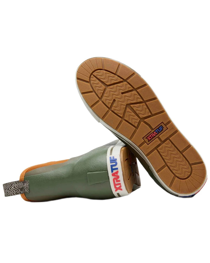 Olive Coloured Xtratuf Womens 6" Ankle Deck Camp Boots on white background #colour_olive