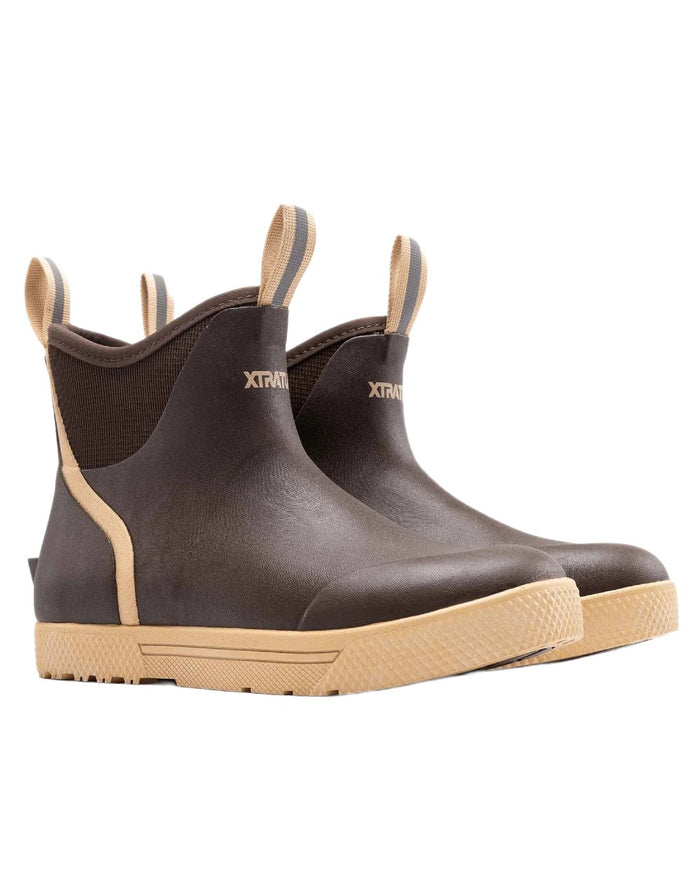 Brown Coloured Xtratuf Mens 6" Wheelhouse Ankle Boat Boots on white background #colour_brown