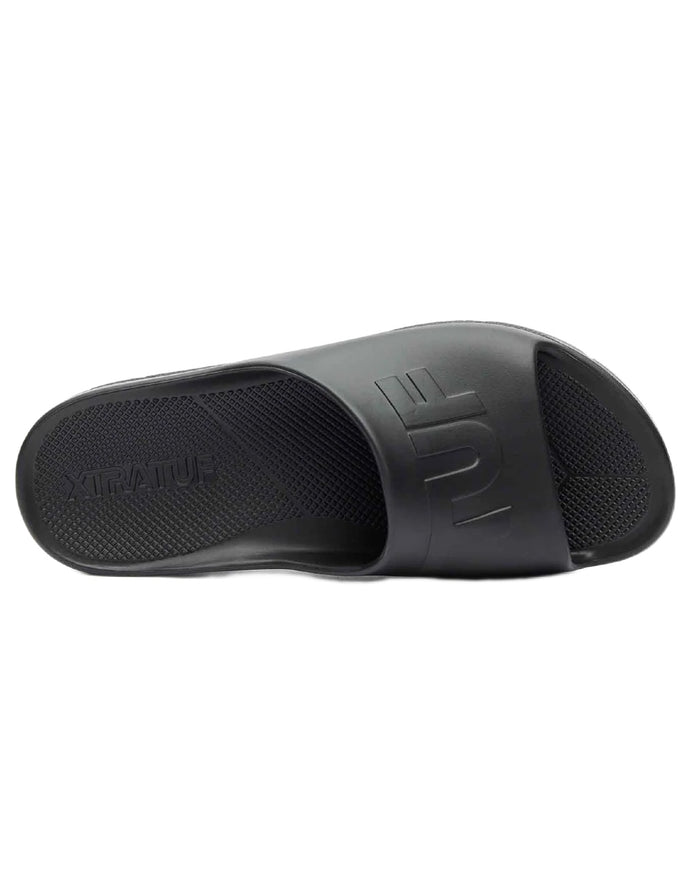 Black Coloured Xtratuf Mens Apres Fish Sliders on white background #colour_black