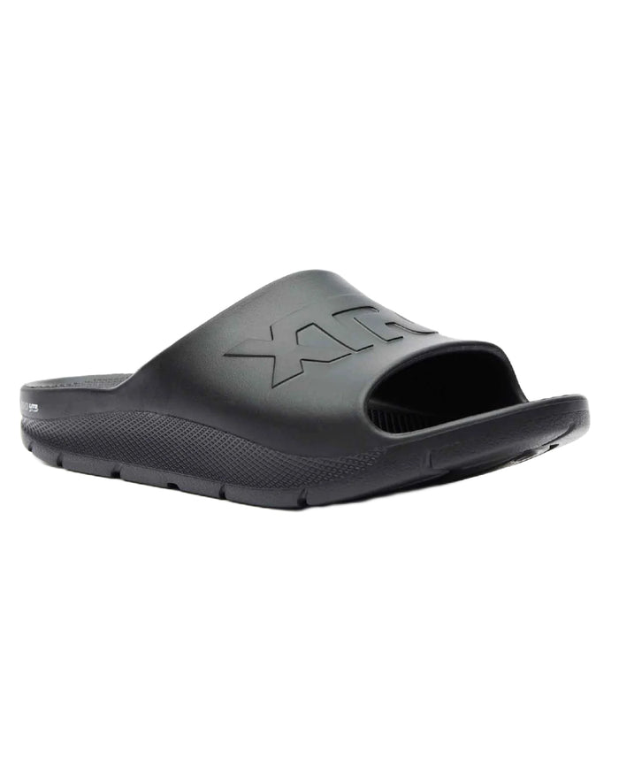 Black Coloured Xtratuf Mens Apres Fish Sliders on white background #colour_black