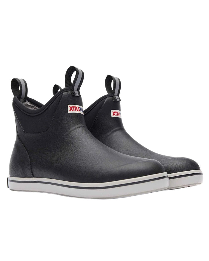 Black Coloured Xtratuf Mens Trolling Pack Fleece Lined Ankle Deck Boots on white background #colour_black