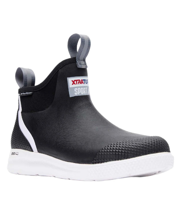 Black Coloured Xtratuf Womens 6" Ankle Deck Sport Boots on white background #colour_black