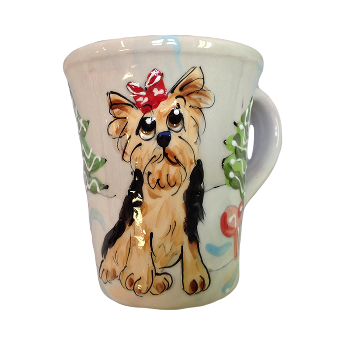 image of christmas holiday designed whimsical yorkshire terrier painting on ceramic 10 oz coffee mug by debby carman