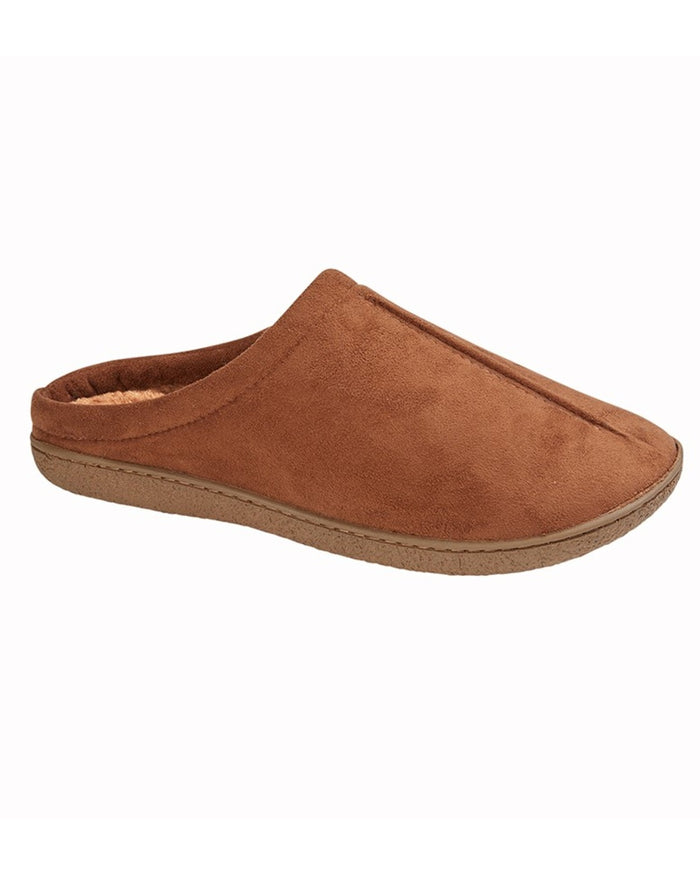 Tan coloured Zedzzz Mens Alex Centre Seam Mule Slippers on white background #colour_tan