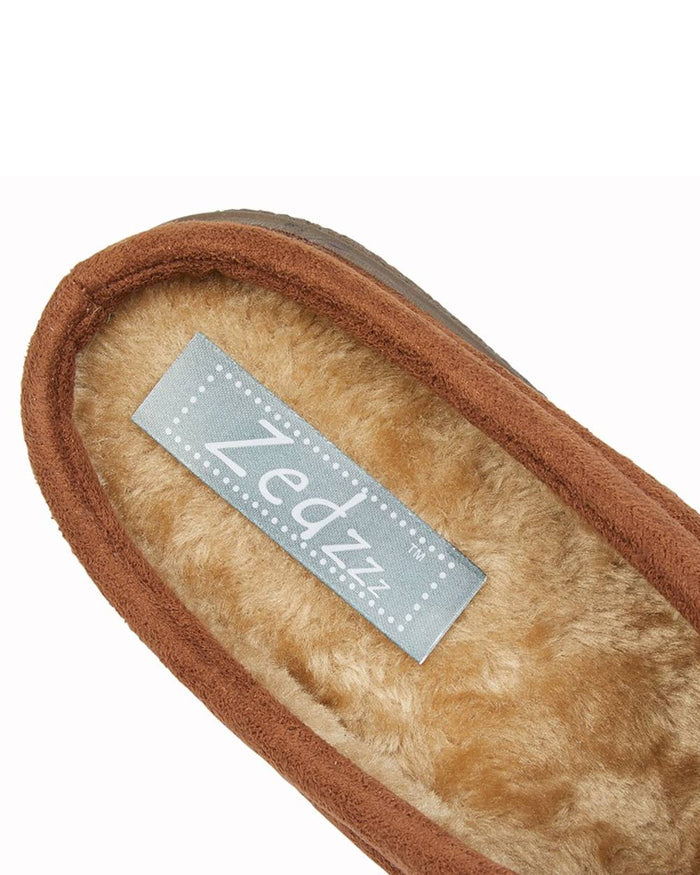 Tan coloured Zedzzz Mens Alex Centre Seam Mule Slippers on white background #colour_tan