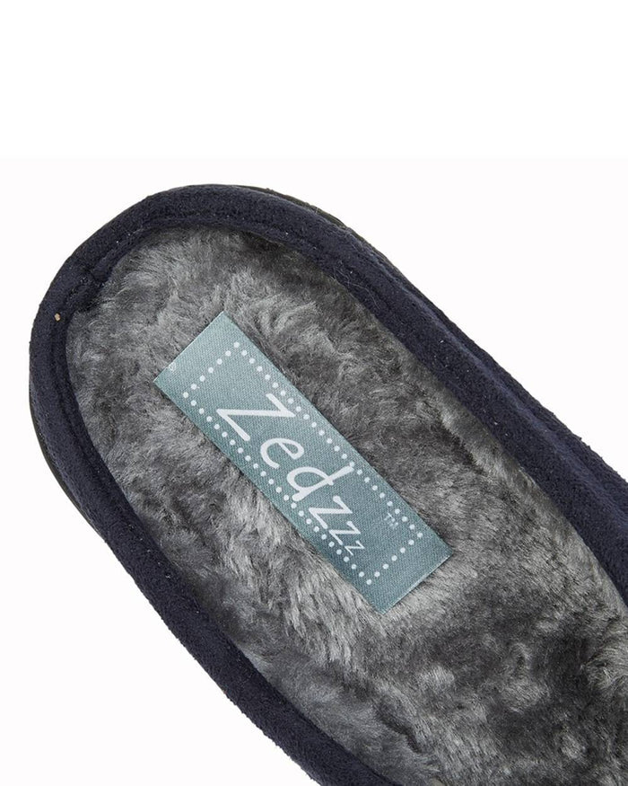 Navy coloured Zedzzz Mens Alex Centre Seam Mule Slippers on white background #colour_navy